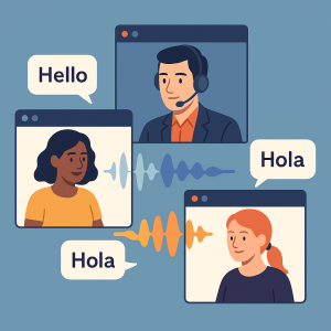 Interpretación simultánea online con tres idiomas en videollamada.

