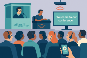 Configuración técnica de un evento multilingüe con traducción simultánea.