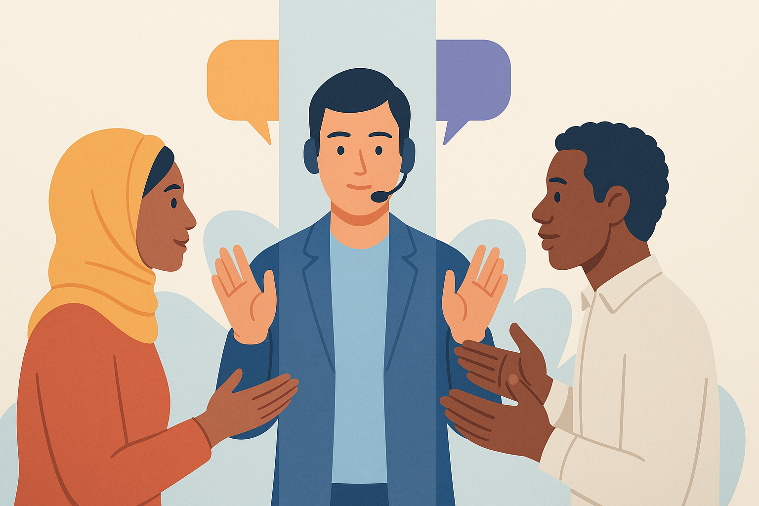 Intérprete conectando dos personas de culturas distintas eliminando una barrera invisible.