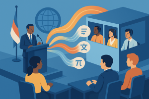 Intérpretes trabajando en cabinas durante una conferencia internacional.