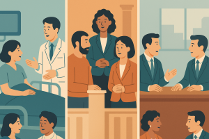  Intérpretes trabajando en hospital, juicio y reunión empresarial.

