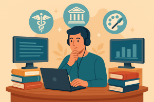  Intérprete estudiando rodeado de libros y herramientas digitales para prepararse.